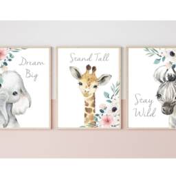Set Of 3 Safari Floral Animals, Nursery Prints, Decor, Girls Nursery, Woodland Prints - thumbnail 2