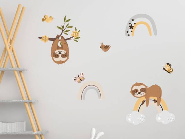 Sloths & Rainbows Wall Sticker, Jungle Stickers, Safari Sloth Decal, Themed Room - image 1