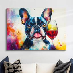 French Bulldog Drinking Wine Dog Pet Abstract Oil Painting Framed Poster Print - Canvas Wall Art Living Home Decor Interior Gift