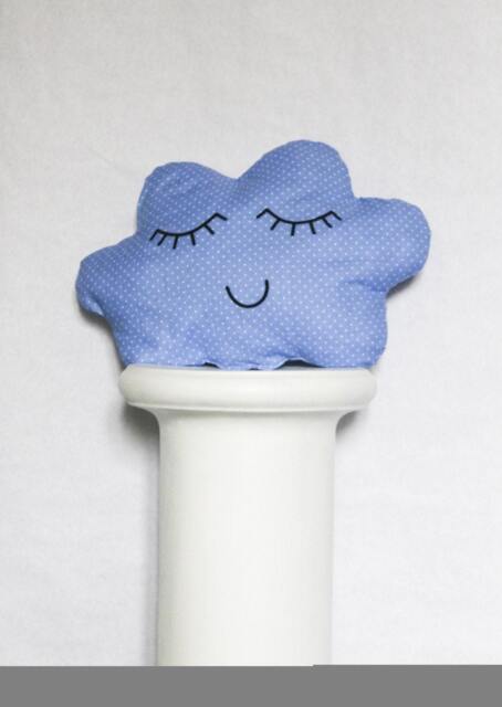 Cloud Cushion Doudou Cotton Blue Sky Feathers White Polka Dots Serene Face Too Cute Black Thread Stuffed Handmade in France - image 1