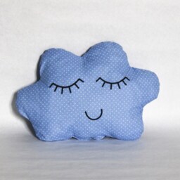 Cloud Cushion Doudou Cotton Blue Sky Feathers White Polka Dots Serene Face Too Cute Black Thread Stuffed Handmade in France - thumbnail 2