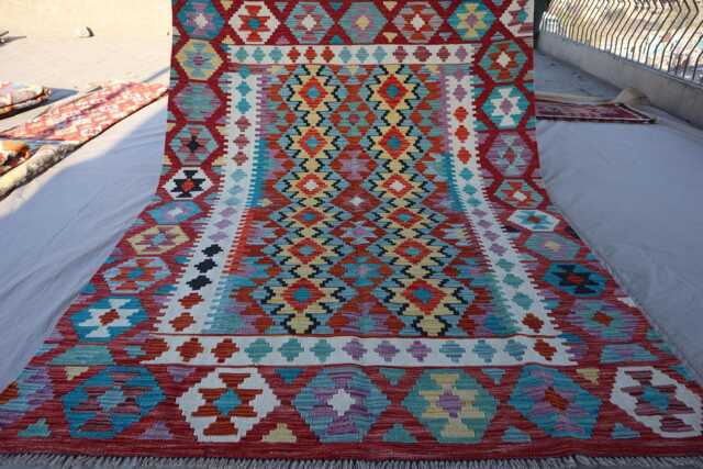 5'9x7'10 Ft Red Multicolor Afghan Kilim Rug - Handmade Wool Flatweave Veg Dyes Turkmen Oriental Area Living Room Bedroom Carpet - image 1