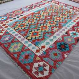 5'9x7'10 Ft Red Multicolor Afghan Kilim Rug - Handmade Wool Flatweave Veg Dyes Turkmen Oriental Area Living Room Bedroom Carpet - thumbnail 2