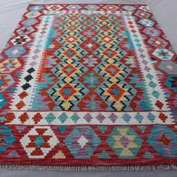 5'9x7'10 Ft Red Multicolor Afghan Kilim Rug - Handmade Wool Flatweave Veg Dyes Turkmen Oriental Area Living Room Bedroom Carpet - thumbnail 3