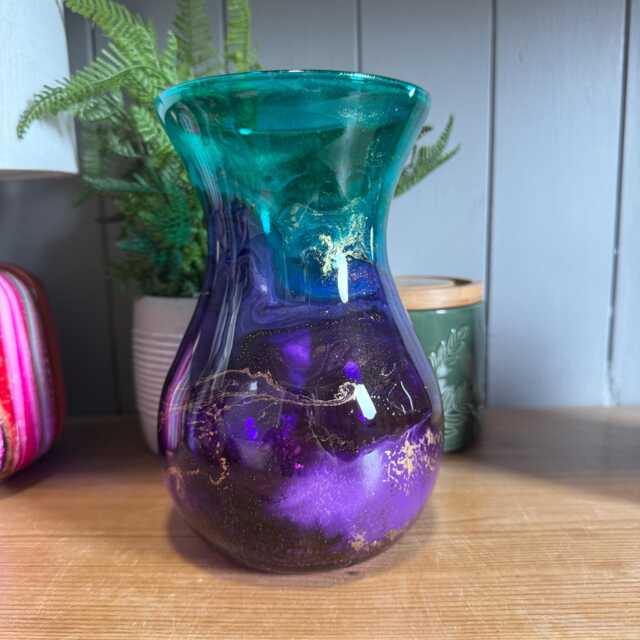 Hand Decorated 18cm Tall Ombre Glass Vase Purple Turquoise With Gold Copper Or Silver Finish - image 1