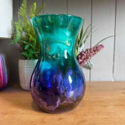 Hand Decorated 18cm Tall Ombre Glass Vase Purple Turquoise With Gold Copper Or Silver Finish - thumbnail 3