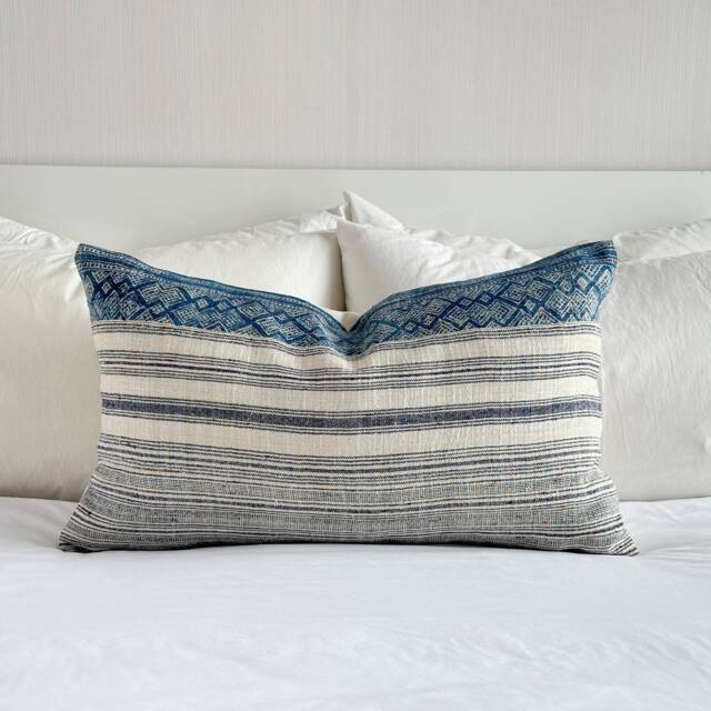 Indigo Blockprint Hmong Pillow Cover Embroidered Wabi Sabi Cushion - image 1