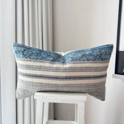 Indigo Blockprint Hmong Pillow Cover Embroidered Wabi Sabi Cushion - thumbnail 4
