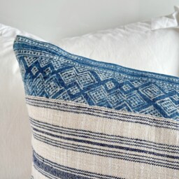 Indigo Blockprint Hmong Pillow Cover Embroidered Wabi Sabi Cushion - thumbnail 2