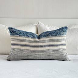 Indigo Blockprint Hmong Pillow Cover Embroidered Wabi Sabi Cushion - thumbnail 1