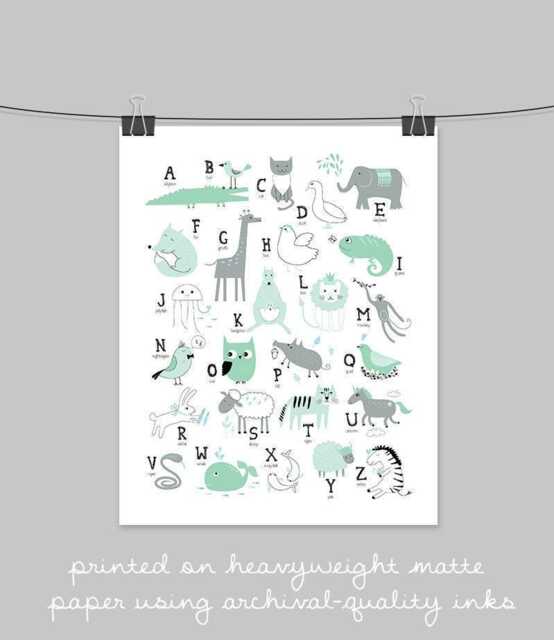 Mint Animal Alphabet Print - Modern Kids Room Wall Art - image 1