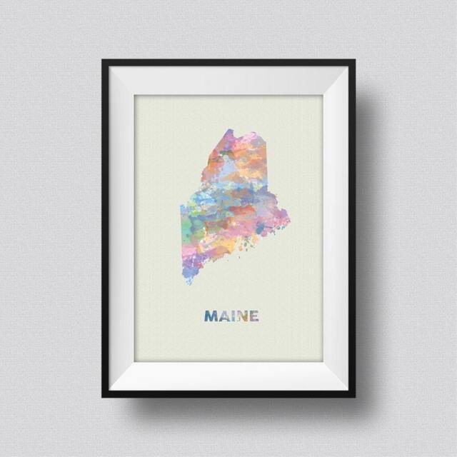 Maine Map Usa Watercolor Art Print Ink Splash Poster Canvas