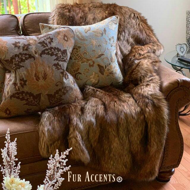 Luxury Faux Fur Throw Blanket - Golden Brown Wolf, Minky Lining