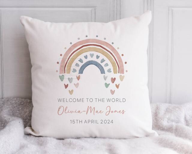 Personalised New Baby Cushion, Girl Gift, Welcome Girl, Nursery Decor, Pillow, Name Birth Stats - image 1