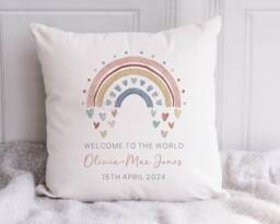 Personalised New Baby Cushion, Girl Gift, Welcome Girl, Nursery Decor, Pillow, Name Birth Stats - thumbnail 1