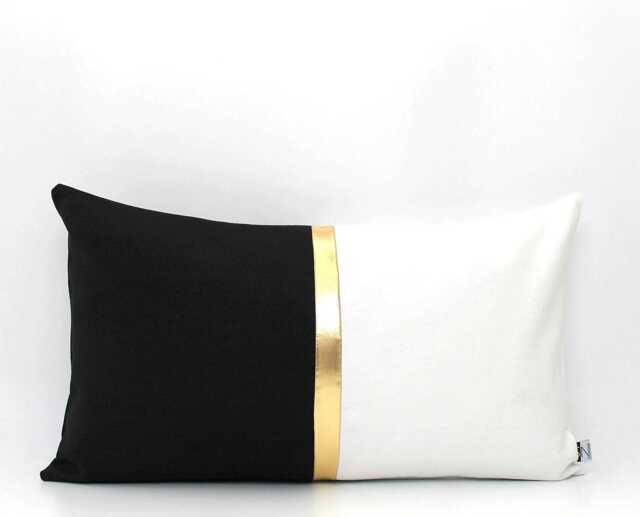 White, Black & Metallic Gold Colorblock Lumbar Pillow Cover - Custom Stripe All Sizes Modern Pillow, Home Gifts For You - image 1