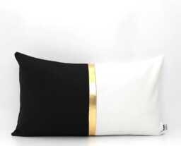 White, Black & Metallic Gold Colorblock Lumbar Pillow Cover - Custom Stripe All Sizes Modern Pillow, Home Gifts For You - thumbnail 1