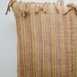 Terracotta & Yellow Striped Pillow Cover With Fringe, Designer Throw Pillow, Muted Modern Earthy Bohemian Pillows, Boho Decor - thumbnail 2