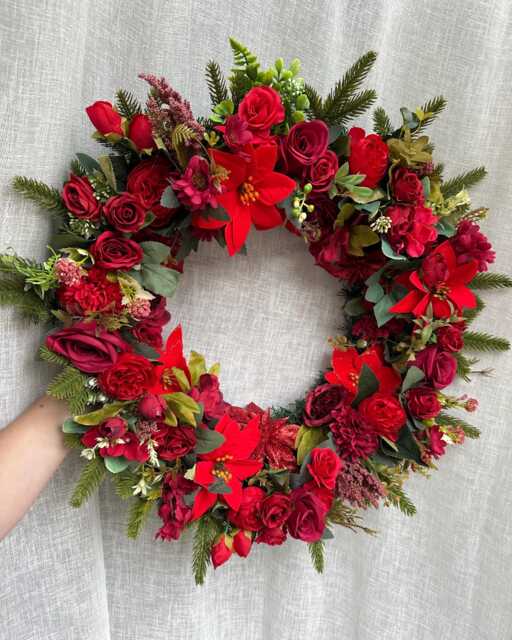 Extra Large 70cm Luxury Artificial Christmas Door Wreath With Peonies, Roses, Poinsettia, Berries, Baubles - Red, Gold & Green Winter - image 1