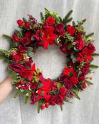 Extra Large 70cm Luxury Artificial Christmas Door Wreath With Peonies, Roses, Poinsettia, Berries, Baubles - Red, Gold & Green Winter - thumbnail 1