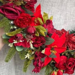 Extra Large 70cm Luxury Artificial Christmas Door Wreath With Peonies, Roses, Poinsettia, Berries, Baubles - Red, Gold & Green Winter - thumbnail 2