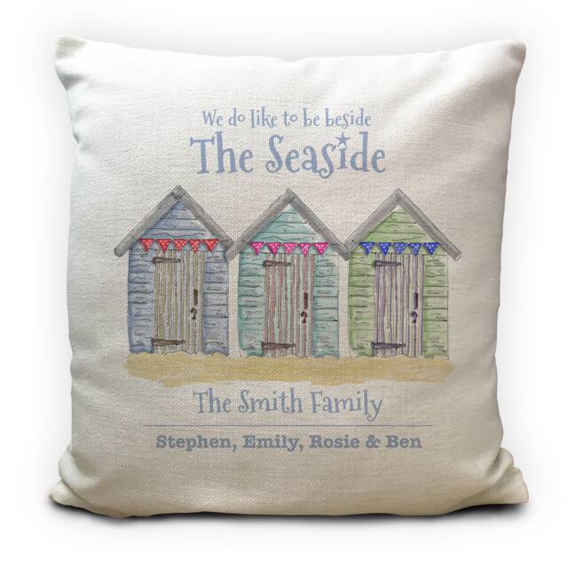 Personalised Beach Huts Seaside Family Holiday Home Cushion Cover - Caravan, Camper Or Hut Decor 40cm 16 Inches - image 1