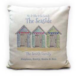Personalised Beach Huts Seaside Family Holiday Home Cushion Cover - Caravan, Camper Or Hut Decor 40cm 16 Inches - thumbnail 1