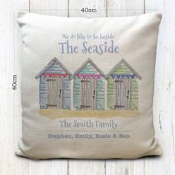 Personalised Beach Huts Seaside Family Holiday Home Cushion Cover - Caravan, Camper Or Hut Decor 40cm 16 Inches - thumbnail 2