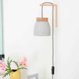 Ceramic Wall Lamp Light Gray/Dark - Textile Cable Cord Switch Oak Wood Bracket Bedside Us/Uk Plug E14 in Sconce - thumbnail 3