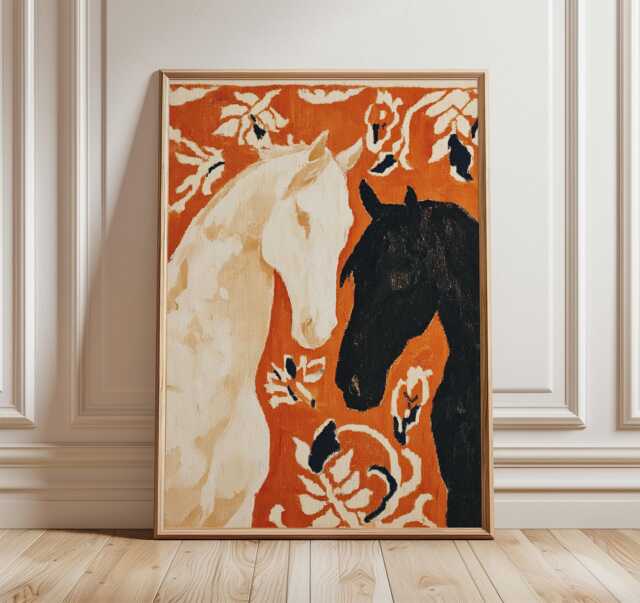 Horse Art Poster, Modern Equestrian Wall Print, Black & White Painting, Bold Orange Abstract Animal Decor For Living Room - image 1