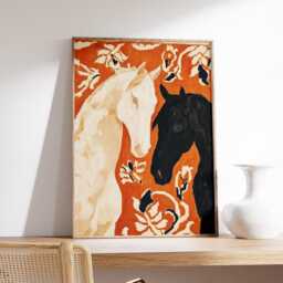 Horse Art Poster, Modern Equestrian Wall Print, Black & White Painting, Bold Orange Abstract Animal Decor For Living Room - thumbnail 2