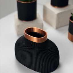 Black Ribbed Vase Modern Copper Accent, 3D Printed Pla Decor - thumbnail 3