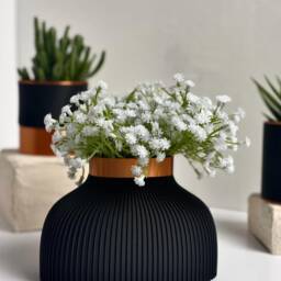 Black Ribbed Vase Modern Copper Accent, 3D Printed Pla Decor - thumbnail 2