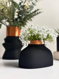 Black Ribbed Vase Modern Copper Accent, 3D Printed Pla Decor