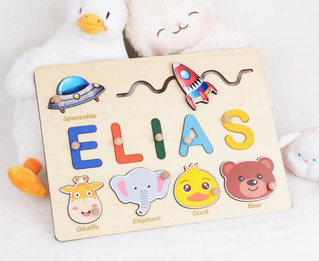 Busy Name Puzzle Baby Gift, Easter Custom Board, Wooden Puzzle, Montessori Toy For Toddlers, Personalized Girl Gift - image 1