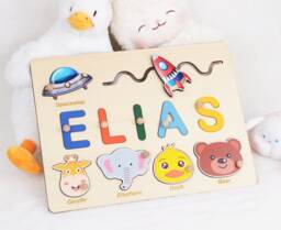 Busy Name Puzzle Baby Gift, Easter Custom Board, Wooden Puzzle, Montessori Toy For Toddlers, Personalized Girl Gift - thumbnail 1