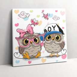Two Cute Owls Canvas, Wall Art Picture, Pink Decoration, Animals Canvas - thumbnail 1
