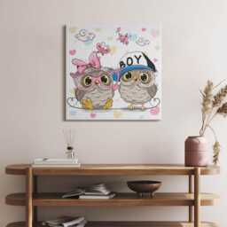 Two Cute Owls Canvas, Wall Art Picture, Pink Decoration, Animals Canvas - thumbnail 2