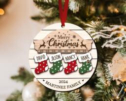 Custom Family Christmas Stocking Ornament, Member Personalized Keepsake, Holiday 2-Layered Wooden Ornament