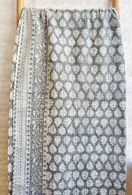 Kantha Stitch Pure Cotton Reversible Bed/Sofa Throw King Size - Handmade Handprinted Country Dohar Elegant Grey White Leaf Motif Stripe - image 1