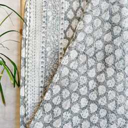 Kantha Stitch Pure Cotton Reversible Bed/Sofa Throw King Size - Handmade Handprinted Country Dohar Elegant Grey White Leaf Motif Stripe - thumbnail 2