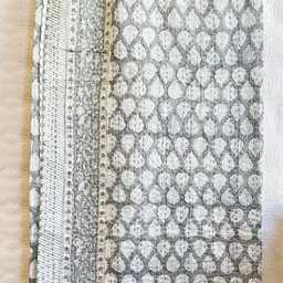 Kantha Stitch Pure Cotton Reversible Bed/Sofa Throw King Size - Handmade Handprinted Country Dohar Elegant Grey White Leaf Motif Stripe - thumbnail 3