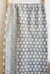 Kantha Stitch Pure Cotton Reversible Bed/Sofa Throw King Size - Handmade Handprinted Country Dohar Elegant Grey White Leaf Motif Stripe - thumbnail 1