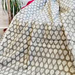 Kantha Stitch Pure Cotton Reversible Bed/Sofa Throw King Size - Handmade Handprinted Country Dohar Elegant Grey White Leaf Motif Stripe - thumbnail 4