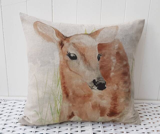 Deer Cushion, Fawn Print On Linen Look Fabric, With Zip Fastening - image 1