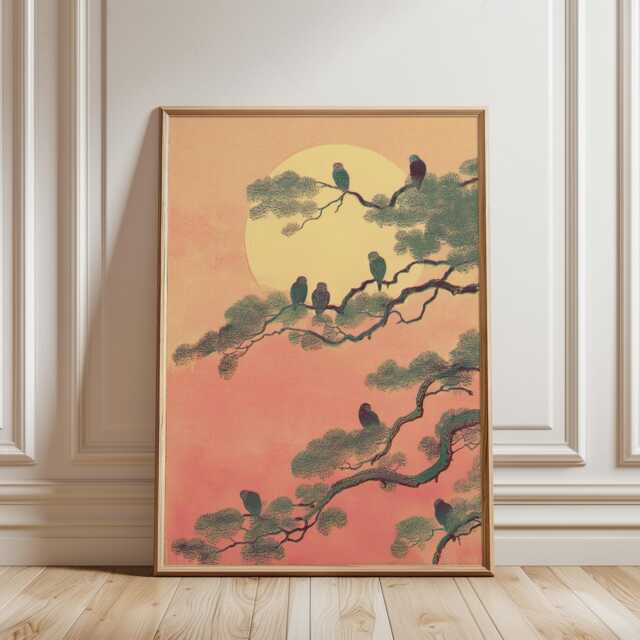 Moonlit Owls On Pine Branches Art Print, Japanese Woodblock Style, Pink Twilight Forest Wall Decor, Zen Bird Illustration Poster - image 1