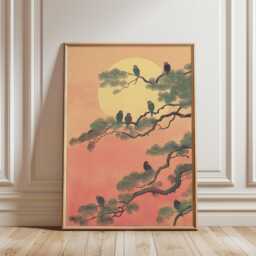 Moonlit Owls On Pine Branches Art Print, Japanese Woodblock Style, Pink Twilight Forest Wall Decor, Zen Bird Illustration Poster