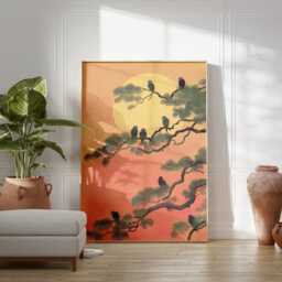 Moonlit Owls On Pine Branches Art Print, Japanese Woodblock Style, Pink Twilight Forest Wall Decor, Zen Bird Illustration Poster - thumbnail 3