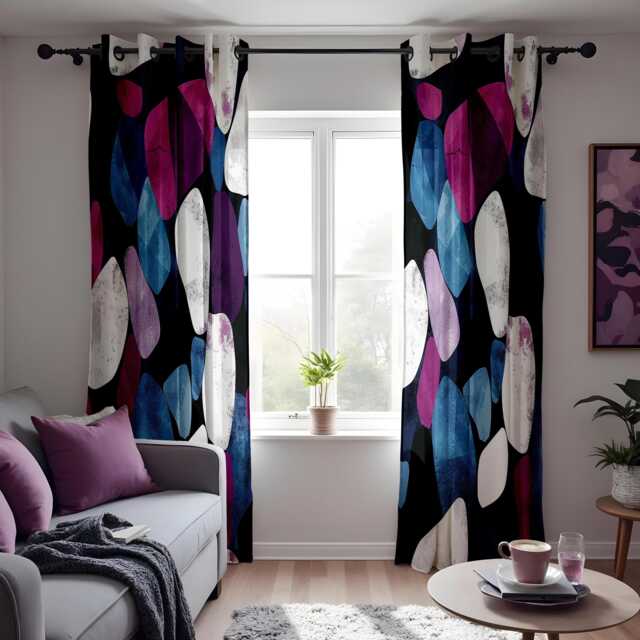 Modern Abstract Stone Curtains, Bold Purple, Blue & Black Geometric Drapes, Contemporary Window Treatment, Custom Length Panels - image 1