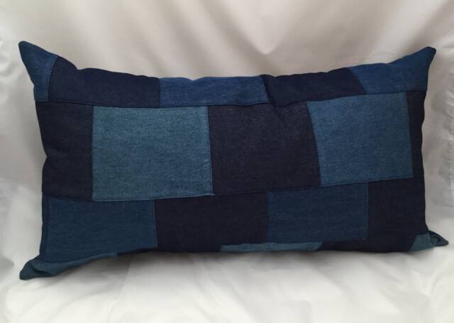 Denim Pillow, Patchwork Pillow Cover, Blue Throw , Lumbar Pillow, Patch Work Sham, Vintage Pillow, Denim 20x20 - image 1